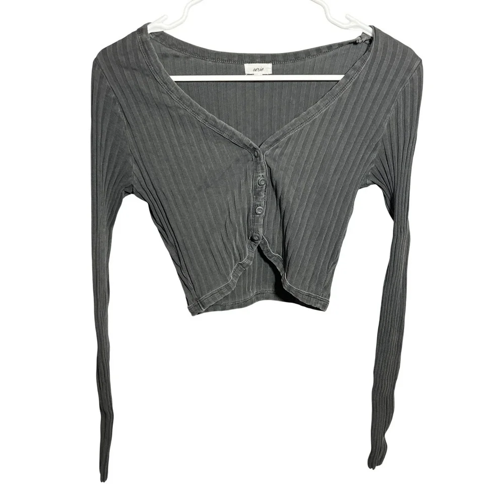 Aerie Ribbed Button Front Crop Top Long‎ Sleeve Washed Gray Women's Size S